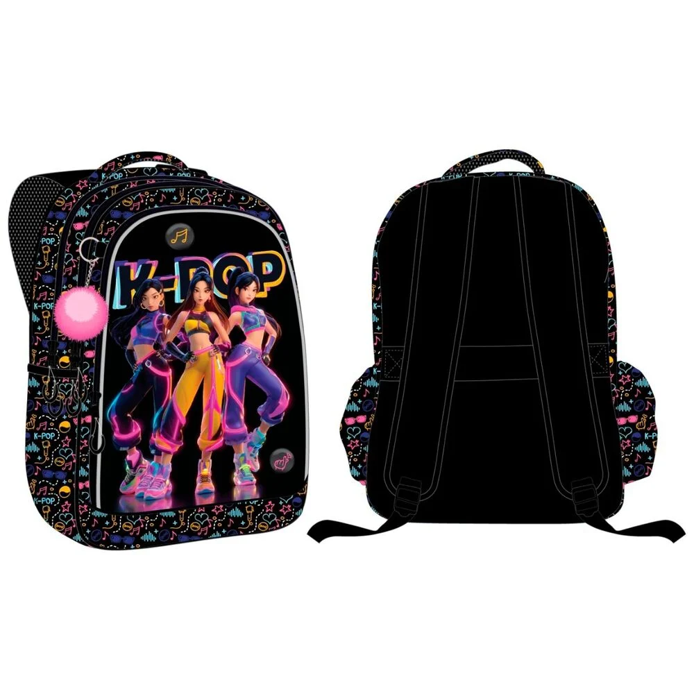 Mochila K-POP c/ Chaveiro Pompom + Pines de Metal